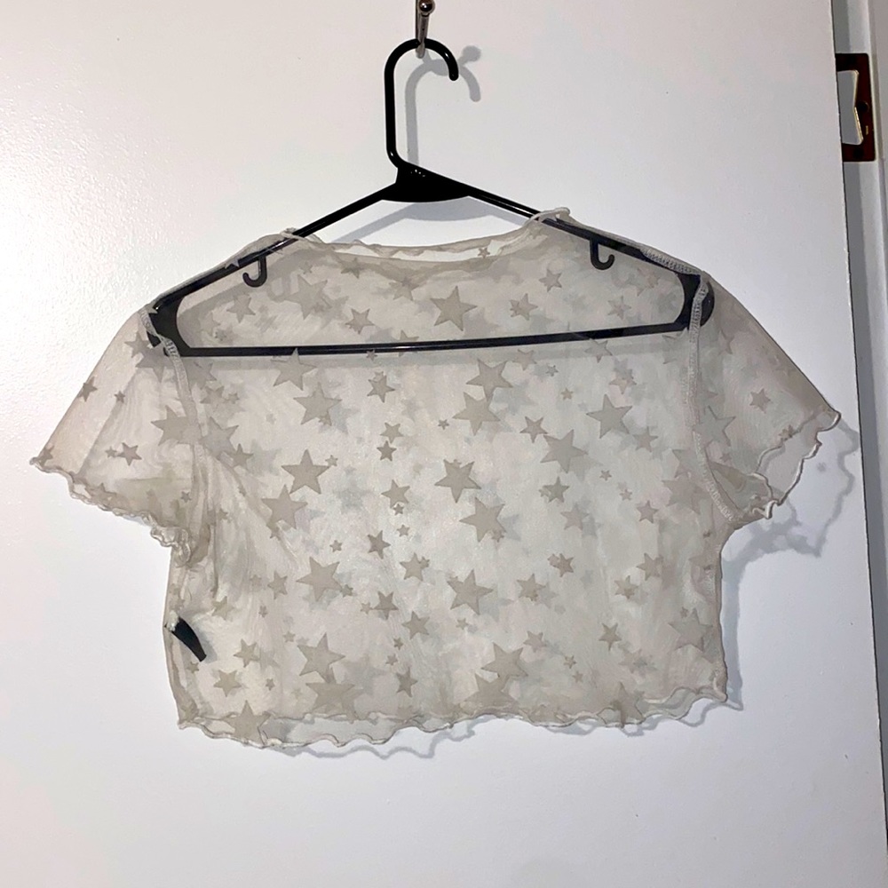 Shein White Star Print Sheer Mesh Crop Top (M)